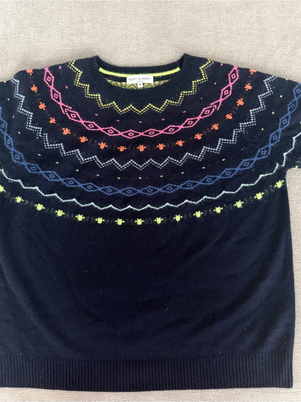 SCOTT & SCOTT LONDON 100% Cashmere Neon Fair Isle Yoke Sweater Size M $325